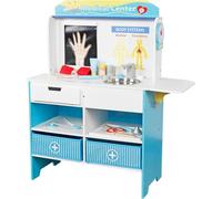 Wooden Activity Center- Kids Well Doctor Pretend Play Medical Playset w 16 Fun Accessories, Dual Sided, Office Checkup Kit, X-Rays, Blood Pressure Cuff- Fun Roleplaying Gift for Boys & Girls