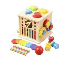 Wooden Activity Cube - 6.69 X 6.1 X 5.91 Inch Multifunctional Learning Toy Interactive Analytical Development Game Fun Boys Girls Preschool Party Playroom