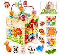 Wooden Activity Cube Toddler Montessori Learning Toys for 1 2 Year Old | 12-18 Months Boys Girls, Bead Maze Sensory Toy Fine Motor, First 1st Birthday Gifts with Sorting & Stacking Board (Pink)