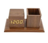 Wooden Alarm Clock, 3 Level Brightness Digital Clock Desk Pen Holder with LED Light for Home Bedroom Office Desk Decor(Brown)