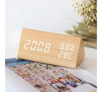 Wooden Alarm Clock, Digital Clock LED Date Temperature Humidity Display 3 Levels Adjustable Brightness 3 Alarms Voice Control for Home, Office, Kids