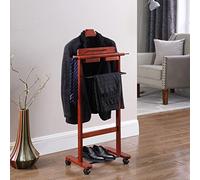 Wooden and Metal Suit Valet Stand with Wheels Pants Bar Tie and Belt Hanger Coat Rack Stylish Clothing nizer for Bedroom and Closet Storage