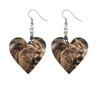 Wooden Angry Lion Earrings for Women Lightweight Dangle Earrings Ethnic Geometric Heart-Shaped Earring Vintage Retro Jewelry Gift for Daily Wear Wedding Party Graduation