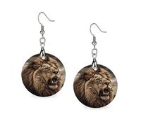 Wooden Angry Lion Earrings for Women Lightweight Dangle Earrings Ethnic Geometric Round Earring Vintage Retro Jewelry Gift for Daily Wear Wedding Party Graduation
