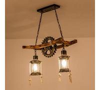 Wooden Antique Pendant Light Vintage Hanging Light E27 Dining Table Dining Room Chandelier Industrial Metal Lamp Retro Rustic Country House Pendant Lamp Bedroom Living Room Ceiling Lights 2 Flames