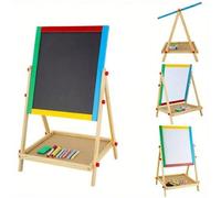 Wooden Art Easel for Kids, Double Sided Whiteboard & Blackboard, Magnetic Drawing Board for Toddlers with Multi-Colour Chalk, Dry Wipe Marker and Sponge | Adjustable Height 53-63cm