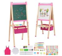 Wooden Art Easel for Kids with Paper Roll,Storage,Double Sided Height Adjustable Whiteboard & Blackboard,Children Drawing Board,Toddler Painting Set for Girls Boys(Pink)
