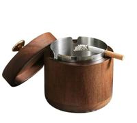 Wooden Ashtray with Lid for Cigarettes Smokers, Large Capacity Stainless Steel Smokeless Odorless Windproof Ashtrays for Home Office Tabletop Outside Patio Outdoor Balcony [10x12cm]