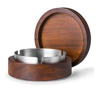 Wooden Ashtray with Lid for Smokers Stainless Steel Liner Ash Tray Windproof Durable Easy to Clean Cool Ashtrays for Indoor or Outdoor Use, Patio, Office & Home