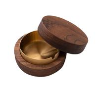 Wooden Ashtray with Lid - Smell Proof Indoor/Outdoor Ash Tray with Stainless Steel Liner, 9.8x9.8cm Desktop Smoking Tray for Home Office Patio (Gold)