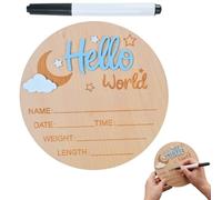 Wooden Baby Announcement Sign Hello World Newborn Name Plaque for Nursery Decor Welcome Baby Birth Details Sign with Pen Photo Prop
