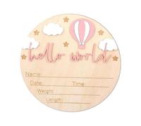 Wooden Baby Announcement Sign,Hello World Newborn Sign, Welcome Baby Name Plaque for New Born Boys Girls Photo Props Hospital Nursery Home, Pink