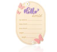 Wooden Baby Announcement Sign, Hello World Newborn Signs Welcome Baby Arrival Plaque Cute Birth Name Board Decors for Hospital Nursery Home Decoration Gifts Boys Girls Photo Prop