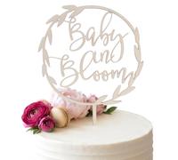 Wooden Baby in Bloom Cake Topper Greenery Wreath Shower Decor | Leafy vine ring design, wooden cake topper, about 6.2 by 9.8 in, 4 mm thick, one piece, baby shower event display
