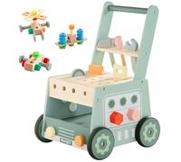 Wooden Baby Push and Pull Walker, Boys Girls Tool Bench for 3+, Toddlers Activity Centre Set, Montessori Educational Toy for Kids Learning to Walk (Green)