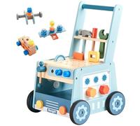 Wooden Baby Push and Pull Walker, Boys Girls Tool Bench for 3+, Toddlers Activity Centre Set, Montessori Educational Toy for Kids Learning to Walk (Blue)