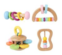 Wooden Baby Rattle 4Pcs 4 Style Smooth Colorful Wooden Rattle for Baby Developmental Fine Motor Fade Resistant Toys, Essentials Infant