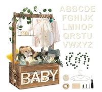Wooden Baby Shower Crate Closet, Baby Shower Basket with 33.5" High Hanger Rack and Swing, DIY Baby Welcome Box with Handle, Easy Assembly Storage Crate for Pregnancy New Parent(Brown)