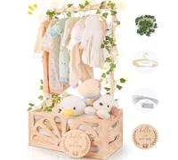 Wooden Baby Shower Crate Closet-Baby Shower Basket with Handle Hanger Rack String Lights Welcome Gift Basket Wooden Crate for Baby Shower Newborn Boys Girls Pregnancy Gifts for New Parents