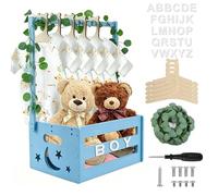 Wooden Baby Shower Crate Closet, Large Baby Gift Basket with Handle, Baby Shower Basket with Hangers and Green Garland, Wood Box Storage Display for Baby Boys Girls, Gifts for New Parents (Blue)