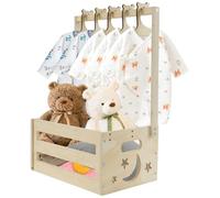 Wooden Baby Shower Crate Closet, Large Capacity Baby Storage Crate Hamper with Handle & 5 Hangers,Smooth Wood Basket for New Born Babies Shower New Parent Gifts