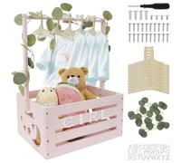 Wooden Baby Shower Crate Closet with Handle Smooth Wood Baby Shower Basket with 10 Hangers & Green Garland Large Capacity Babies Storage Crate Hamper for Babies Shower Pregnancy New Parent Gift (Pink)