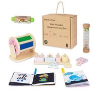 Wooden Baby Toys, 6-in-1 Newborn Learning Educational Sets Includes Mirror Spinning Drum, Rain Stick, Soft Cloth Books, Shape Sorter, Baby Roller - Christmas Birthday Gift for Boys Girls