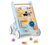 Wooden Baby Walker, Montessori with Multiple Activity Toys, Storage, Push Walker Toys for Infant Learning to Walk, Sit to Stand Walker for Boys Girls 1+ Years Old (Light Blue)