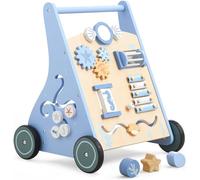 Wooden Baby Walker, Push and Pull Learning Activity Walker for 12+ Months, Multiple Activity Center for Boys Girls, Learning Sit to Stand Montessori Educational Toy (Blue)
