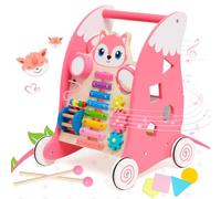 Wooden Baby Walker, Sit-to-Stand Learning Baby Walkers for Toddlers, Multiple Activity Center Pink Toys with Music, Educational Gifts for Babies