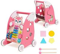 Wooden Baby Walker, Sit-to-Stand Learning Baby Walkers with Xylophone, Gears, Puzzles for Toddlers, Multiple Activity Center, Early Educational Gifts for Babies, Pink