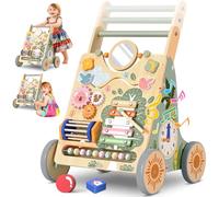 Wooden Baby Walker with Wheels, Push Along Walker Baby Toys for 1 2 Year Olds, Height & Speed Adjustable, Montessori Learning to Walk & Sit-to-Stand Activity Center Birthday Gifts for Boys Girls