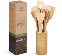 Wooden Bamboo Cooking Utensils Set - 8pcs Kitchen Utensil Set with Holder - Wooden Spoons for Cooking & Nonstick Cookware - Easy to Clean - Great Gift for Friends & Family