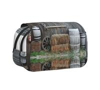 Wooden Barn Countryside Double Layer Flip-Top Pencil Case,Large Capacity 50 Pens Organizer, Durable Polyester Stationery Holder for School, Art Travel (All-Over Print)