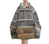 Wooden Barn Countryside Print Flannel Blanket Hoodie, Oversized Blanket Hoodie For Adults, Wearable Hooded Sweatshirt With Pocket For Teenagers