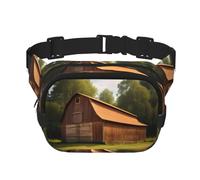 Wooden Barn Countryside Square Double-Layer Waist Bag Mini Adjustable Waist Belt Bag Exercise Running Travel Hiking, Black, One Size