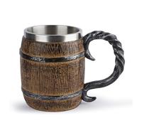 Wooden Barrel Beer Mug, Bucket Shaped Drinkware with Handle, 450ml Old-Fashioned Stainless Whiskey Barrel Cup, Medieval Coffee Mug Tea Cup, Gift for Men