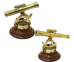 Wooden Base Antique Brass Alidade Telescope with Compass