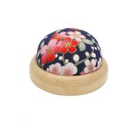 Wooden Base Blue Floral Pin Cushion Japanese Style Round Sewing Needle Holder for Quilting Needlework DIY Crafts Dressmaking Tailoring Supplies