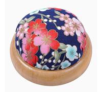 Wooden Base Blue Pin Cushion with Floral Print Needle Pincushion Japanese Style Round Sewing Needle Holder for Quilting Needlework DIY Crafts