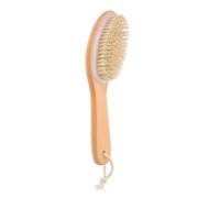 Wooden Bath Body Brush with Natural Bristles, Exfoliating Shower Scrub | Khaki Color, Medium Stiffness Bristles Soften Skin, Bent Handle Design with Hanging String for Easy Storage