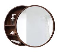 Wooden Bathroom Mirror Cabinet Round Wall Mounted Makeup Mirror with Shelf 50cm 19.7in Push Pull Design Stylish Brown Finish Space Saving Storage Solution