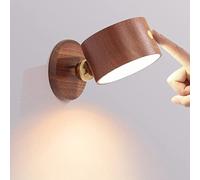 Wooden Battery Wall Light Dimmable with Touch Switch,Indoor LED Wall Lamp 4000K Reading Lamps with USB Charging Function, Bedroom Bedside Lamp 360° Rotatable Portable Wireless Magnetic Lamp,Dark Wood