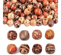 Wooden Beads, 12mm Round Natural Printed Wood Bead Macrame Large Hole Beads,Various Pattern Loose Spacer Hair Braid WoodBeads for DIY Jewelry Making Bracelet Necklace Hair DIY Decor (300)