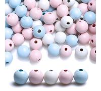 Wooden Beads for Jewelry Making- 120 Beads-16mm- Hole 3mm, Painted Round Wooden Spacer Beads for Handmade Crafts, (White/Blue/Pink)