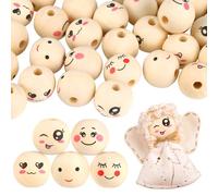 Wooden Beads with Face Pack of 100, Wooden Heads with Face 20 mm, Wooden Beads Natural Wood Craft Beads for Worry Worms, Lucky Worms, Round Wooden Balls with Hole for Macrame (5 Styles)