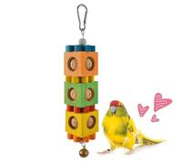Wooden Beak Trainer, Active Chewing Toy Set, 9.84 Inches Multi Block Hanger with Bell Sound, Natural Timber Puzzle, Plaything with Rustic Design, Cage Accessory for Habitat