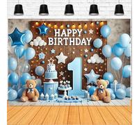 Wooden Bear First Birthday Photography Backdrop for Boy Blue Balloon Little Bear Happy Birthday Party Decorations Newborn Baby Shower 1st Birthday Party Cake Smash Backdrops (A, 7x5feet)