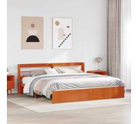 Wooden Bed Frame Brown Solid Pine 200 x 200 cm King Headboard Shelves Slats