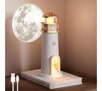 Wooden Bedside Lamp Decorative Table Lighthouse, Moon Projection Lighthouse, Night Lighthouse with Remote Control and Bluetooth, Motion Sensors, Wireless Table Battery Re